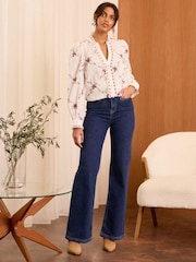 Love & Roses Ivory Floral Embroidered Notch Neck Long Sleeve Blouse - Image 3 of 4
