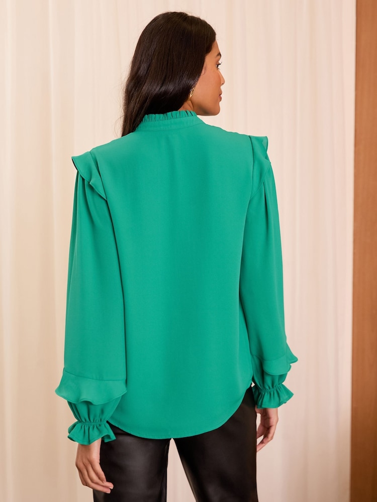 Love & Roses Green Petite Pintuck Ruffle Detail Notch Neck Long Sleeve Blouse - Image 2 of 4 Love & Roses Green Petite Pintuck Ruffle Detail Notch Neck Long Sleeve Blouse - Image 2 of 4