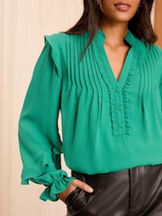 Love & Roses Green Petite Pintuck Ruffle Detail Notch Neck Long Sleeve Blouse - Image 3 of 4