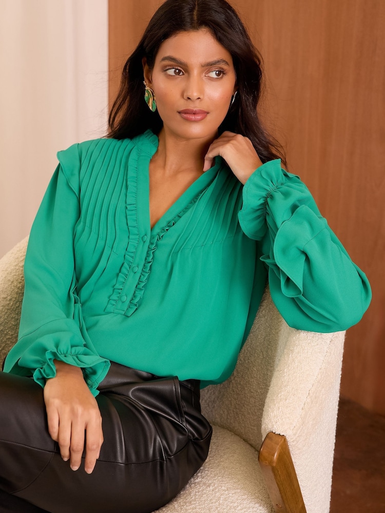 Love & Roses Green Petite Pintuck Ruffle Detail Notch Neck Long Sleeve Blouse - Image 4 of 4 Love & Roses Green Petite Pintuck Ruffle Detail Notch Neck Long Sleeve Blouse - Image 4 of 4