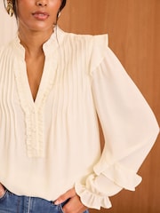 Love & Roses Ivory Pintuck Ruffle Detail Notch Neck Long Sleeve Blouse - Image 2 of 4