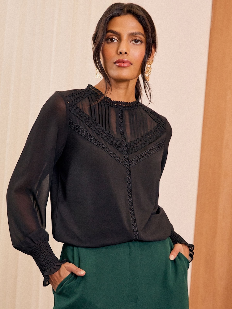Love & Roses Black Jersey Chiffon Sleeve Lace Trim Blouse - Image 1 of 4 Love & Roses Black Jersey Chiffon Sleeve Lace Trim Blouse - Image 1 of 4