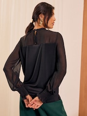 Schwarz - Love & Roses Jersey-Bluse mit Chiffonärmeln und Spitzenbesatz - Bild 2 von 4
