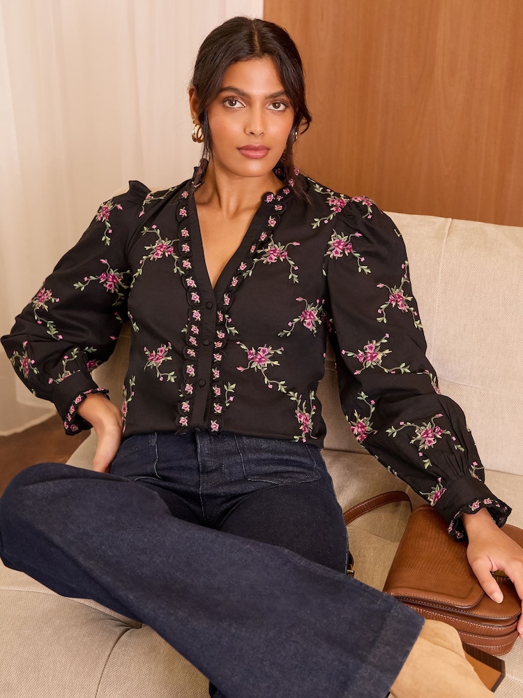 Love & Roses Black Floral Embroidered Notch Neck Long Sleeve Blouse - Image 1 of 4