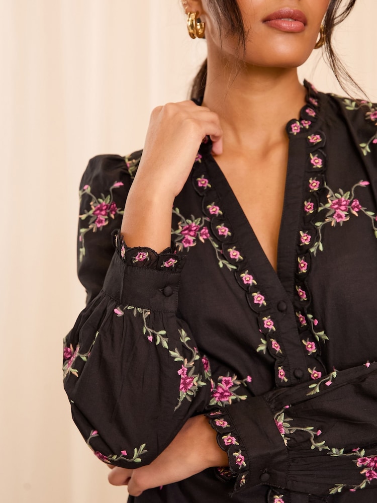 Love & Roses Black Floral Embroidered Notch Neck Long Sleeve Blouse - Image 2 of 4