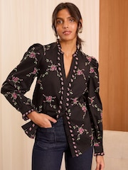 Love & Roses Black Floral Embroidered Notch Neck Long Sleeve Blouse - Image 3 of 4