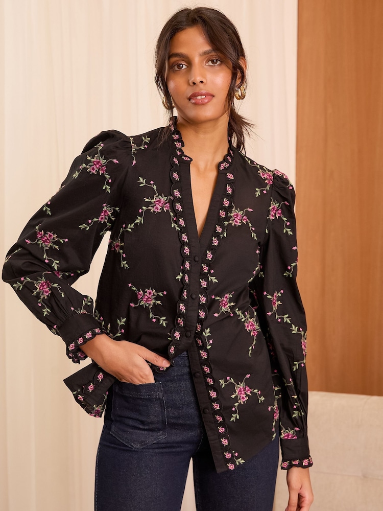 Love & Roses Black Floral Embroidered Notch Neck Long Sleeve Blouse - Image 3 of 4