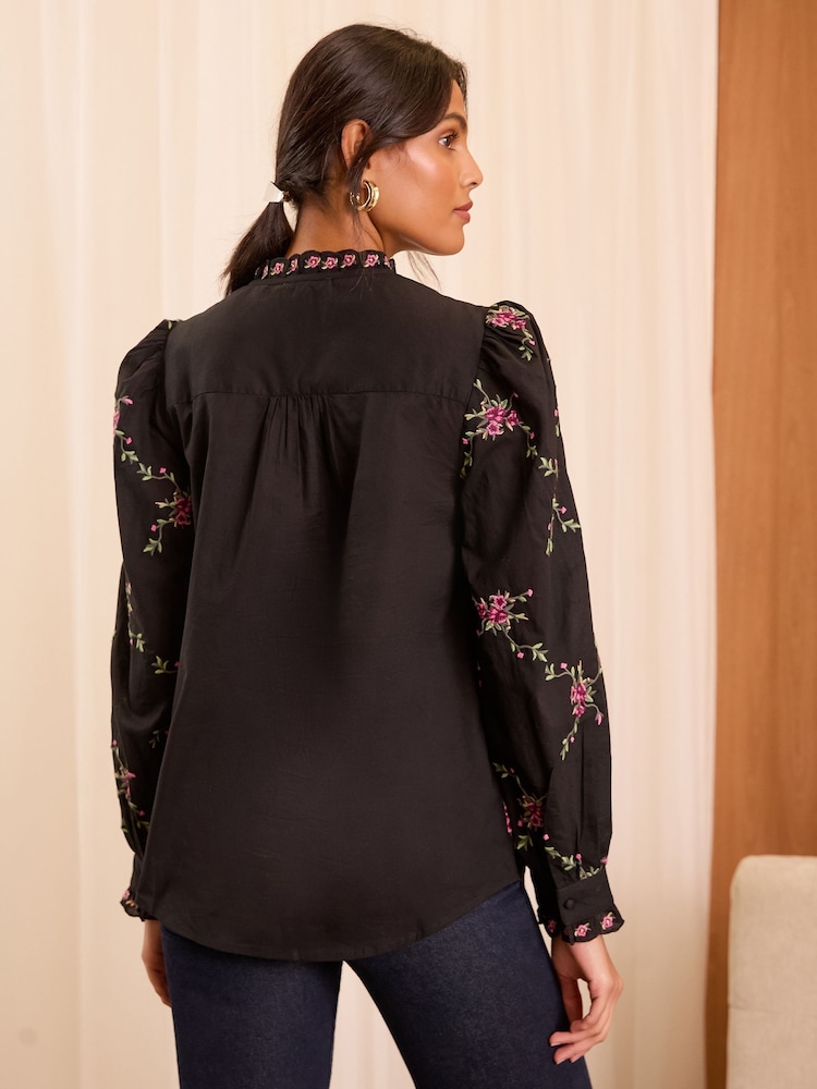 Love & Roses Black Floral Embroidered Notch Neck Long Sleeve Blouse - Image 4 of 4
