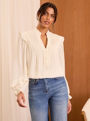 Love & Roses Ivory Petite Pintuck Ruffle Detail Notch Neck Long Sleeve Blouse - Image 1 of 4