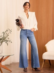 Love & Roses Ivory Petite Pintuck Ruffle Detail Notch Neck Long Sleeve Blouse - Image 3 of 4