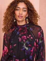 Love & Roses Black Floral Keyhole Detail Mini Dress - Image 2 of 4