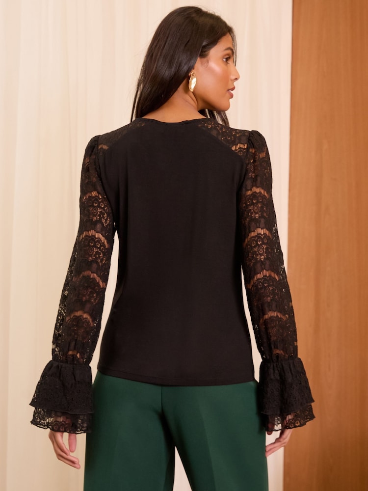 Love & Roses Black Lace Bell Sleeve Jersey Top - Image 4 of 4