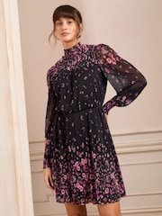 Love & Roses Black Floral Mini Plisse Dress - Image 1 of 4