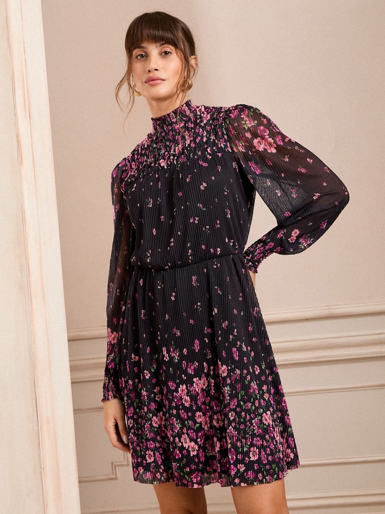 Love & Roses Black Floral Mini Plisse Dress - Image 1 of 4