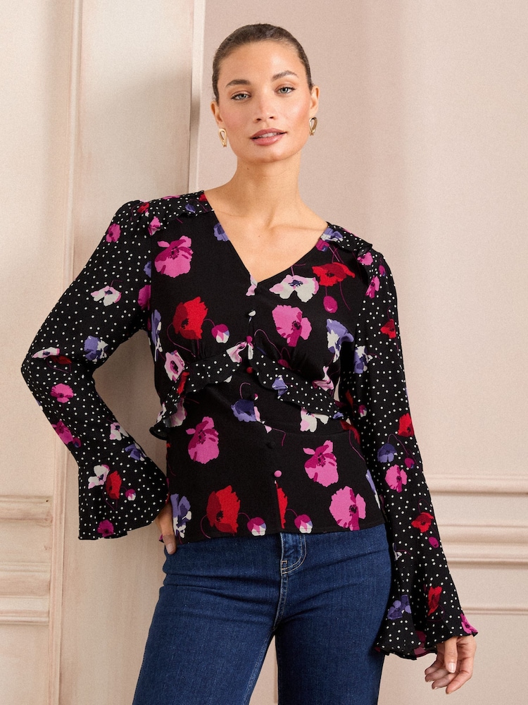 Love & Roses Black Floral V-Neck Tie Detail 3/4 Sleeve Peplum Top - Image 1 of 4