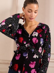Love & Roses Black Floral V-Neck Tie Detail 3/4 Sleeve Peplum Top - Image 2 of 4