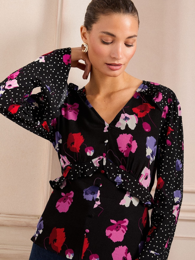 Love & Roses Black Floral V-Neck Tie Detail 3/4 Sleeve Peplum Top - Image 2 of 4