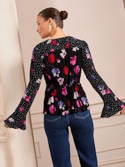 Love & Roses Black Floral V-Neck Tie Detail 3/4 Sleeve Peplum Top - Image 4 of 4