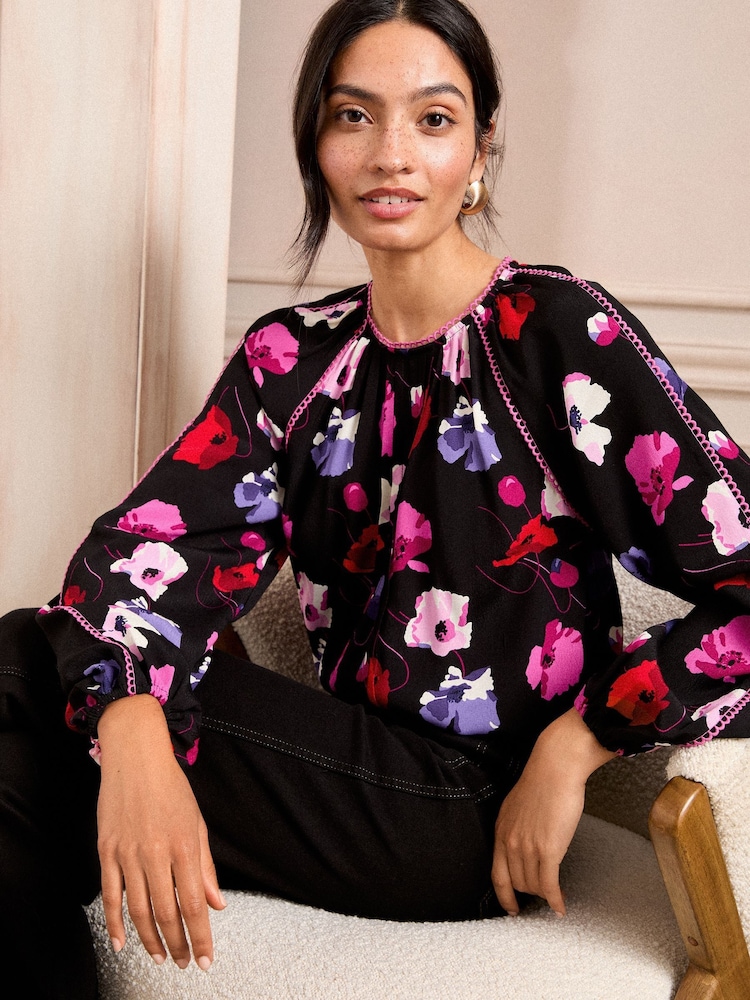 Love & Roses Black Poppy Petite Pintuck Crew Neck Long Sleeve Blouse - Image 1 of 4 Love & Roses Black Poppy Petite Pintuck Crew Neck Long Sleeve Blouse - Image 1 of 4