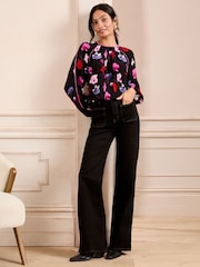 Noir motif coquelicot - Love & Roses Pintuck Col rond Manches longues Chemisiers - Image 3 de 4