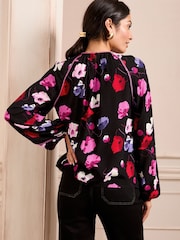Noir motif coquelicot - Love & Roses Pintuck Col rond Manches longues Chemisiers - Image 4 de 4