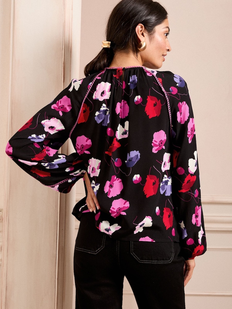 Noir motif coquelicot - Love & Roses Pintuck Col rond Manches longues Chemisiers - Image 4 de 4