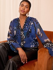 Love & Roses Cobalt Animal Printed Pintuck Notch Neck Long Sleeve Blouse - Image 1 of 4