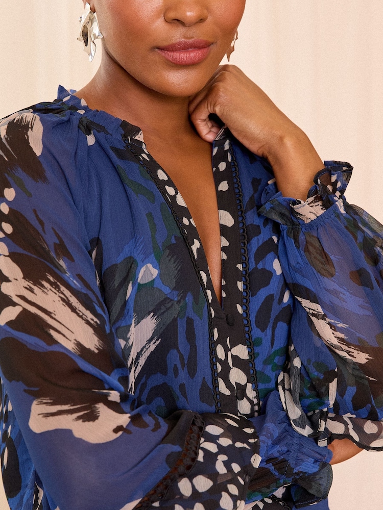 Love & Roses Cobalt Animal Printed Pintuck Notch Neck Long Sleeve Blouse - Image 2 of 4