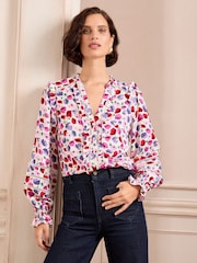 Love & Roses Ivory Floral Petite Poppy Printed Trim Detail Notch Neck Long Sleeve Blouse - Image 1 of 4