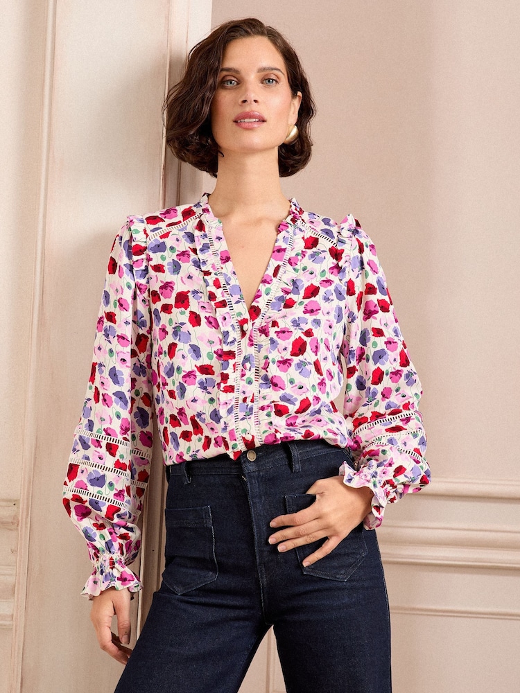 Love & Roses Ivory Floral Petite Poppy Printed Trim Detail Notch Neck Long Sleeve Blouse - Image 1 of 4