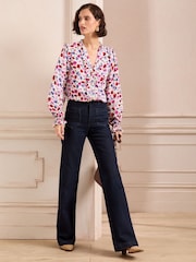 Love & Roses Ivory Floral Petite Poppy Printed Trim Detail Notch Neck Long Sleeve Blouse - Image 3 of 4