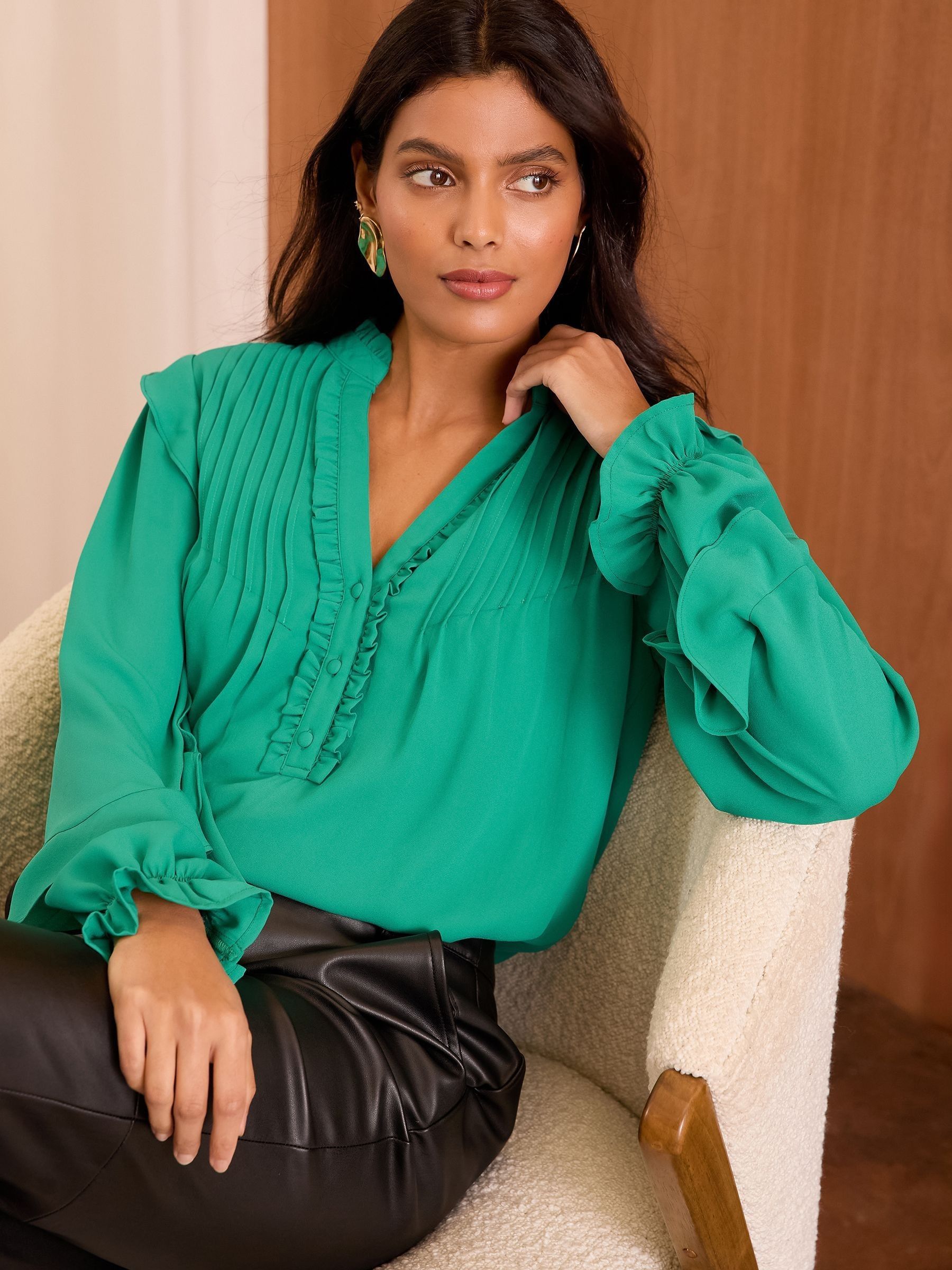 Love & Roses Green Pintuck Ruffle Detail Notch Neck Long Sleeve Blouse