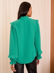 Love & Roses Green Pintuck Ruffle Detail Notch Neck Long Sleeve Blouse - Image 4 of 4