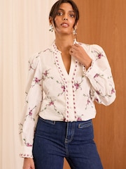 Love & Roses Ivory Floral Petite Embroidered Notch Neck Long Sleeve Blouse - Image 1 of 4