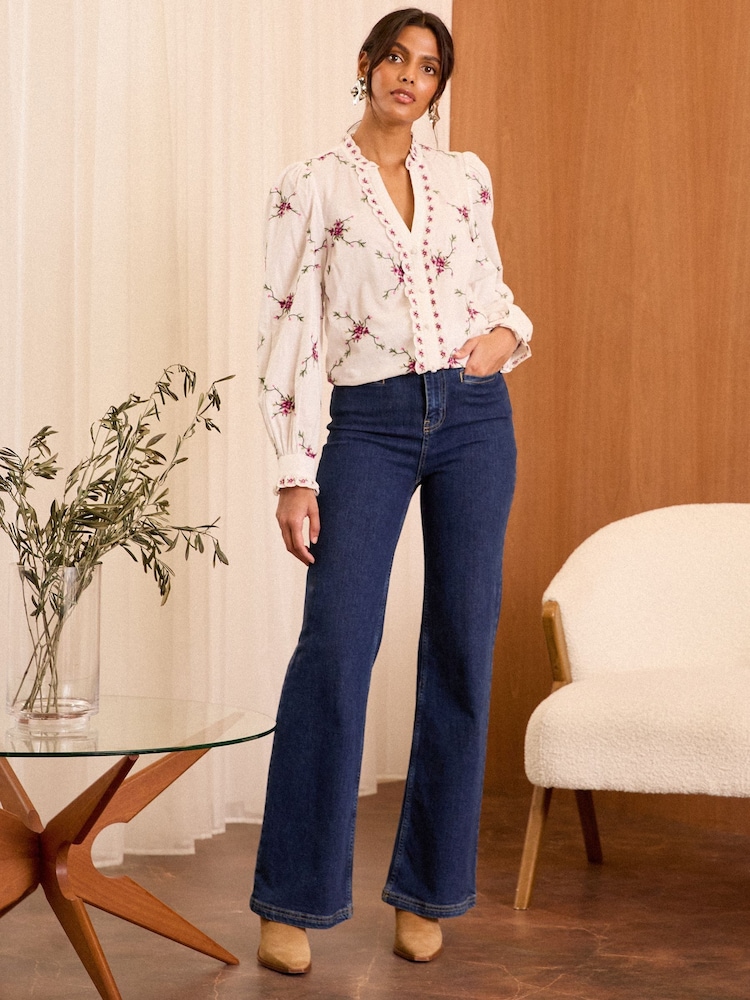 Love & Roses Ivory Floral Petite Embroidered Notch Neck Long Sleeve Blouse - Image 3 of 4