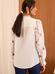 Love & Roses Ivory Floral Petite Embroidered Notch Neck Long Sleeve Blouse - Image 4 of 4
