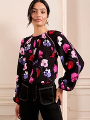 Love & Roses Black Poppy Pintuck Crew Neck Long Sleeve Blouse - Image 1 of 4