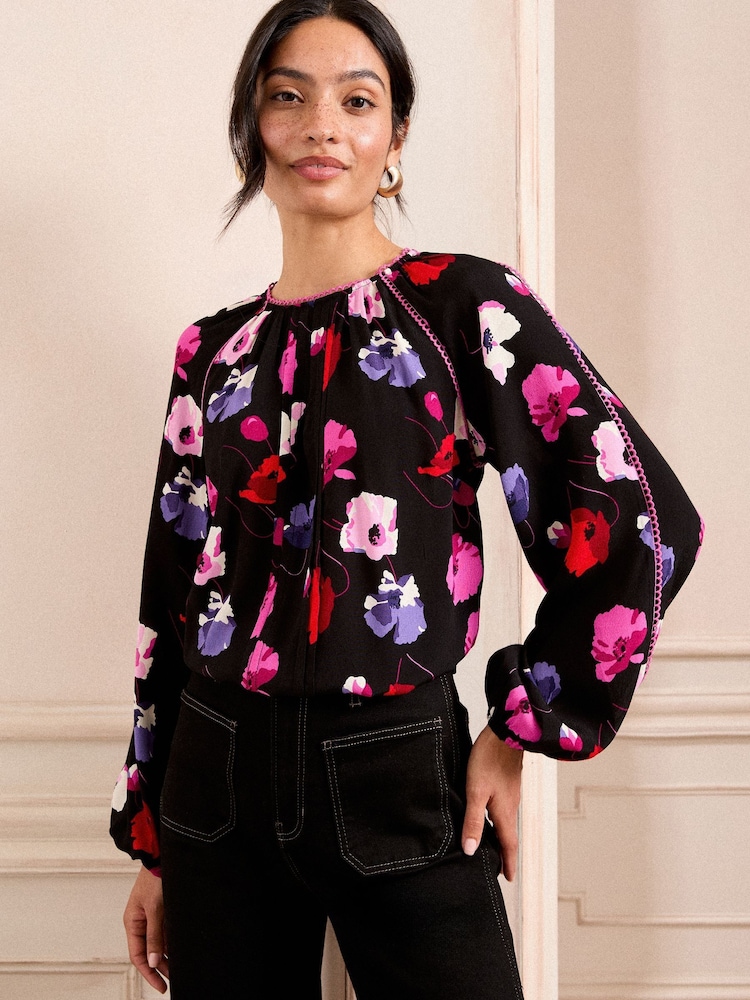 Love & Roses Black Poppy Pintuck Crew Neck Long Sleeve Blouse - Image 1 of 4