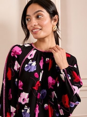 Love & Roses Black Poppy Pintuck Crew Neck Long Sleeve Blouse - Image 2 of 4