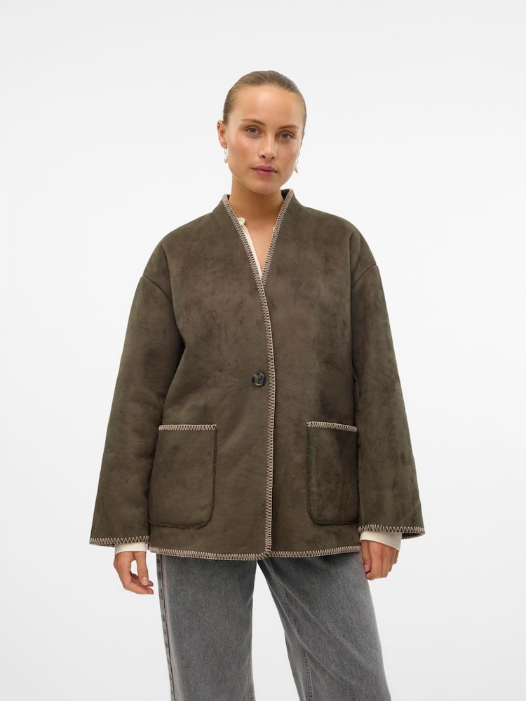 VERO MODA Grey Faux Suede Pocket Stitch Detail Jacket - Image 1 of 7