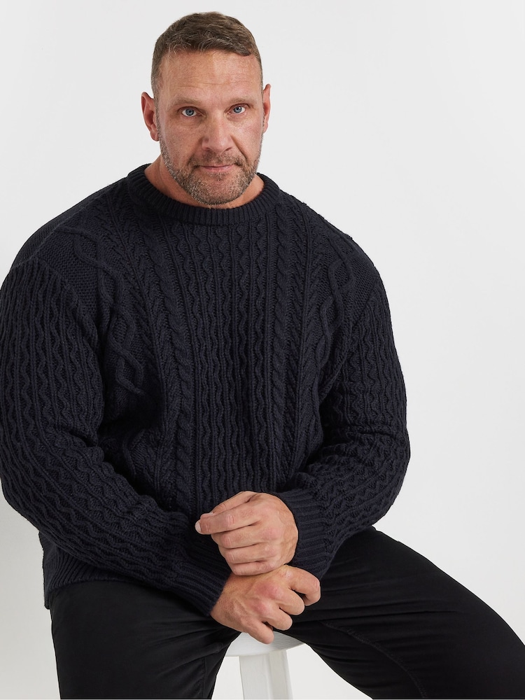 BadRhino Big & Tall Blue Heavy Cable Crew Jumper - Image 1 of 2