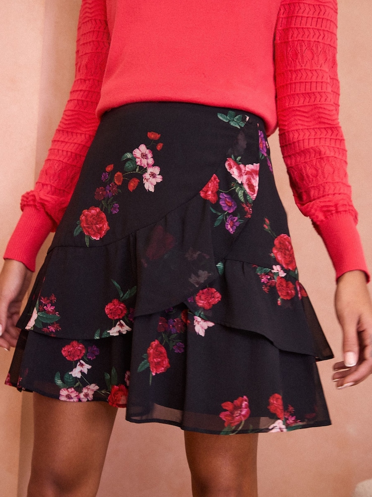 Love & Roses Black Floral Tiered Ruffle Mini Skirt - Image 5 of 5
