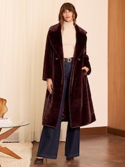 Love & Roses Burgundy Red Longline Faux Fur Coat - Image 1 of 4