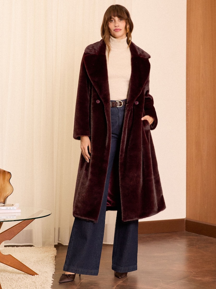 Love & Roses Burgundy Red Longline Faux Fur Coat - Image 1 of 4