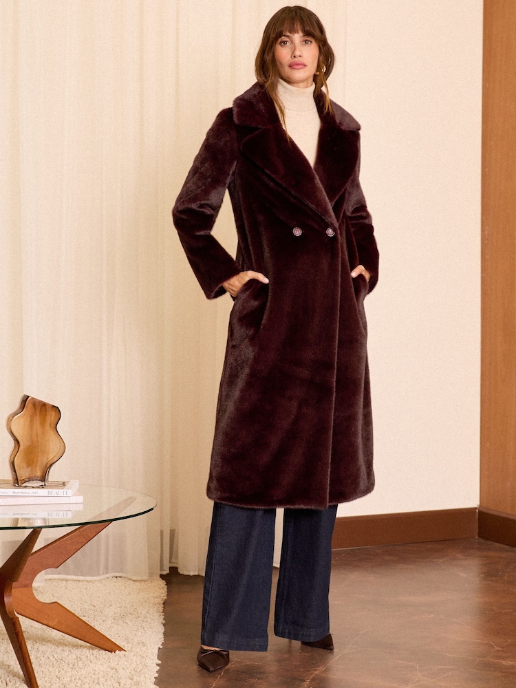 Love & Roses Burgundy Red Longline Faux Fur Coat - Image 4 of 4