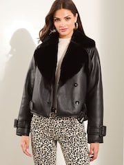 Lipsy Black Bonded Faux Fur Crop Trench Jacket - Image 1 of 5
