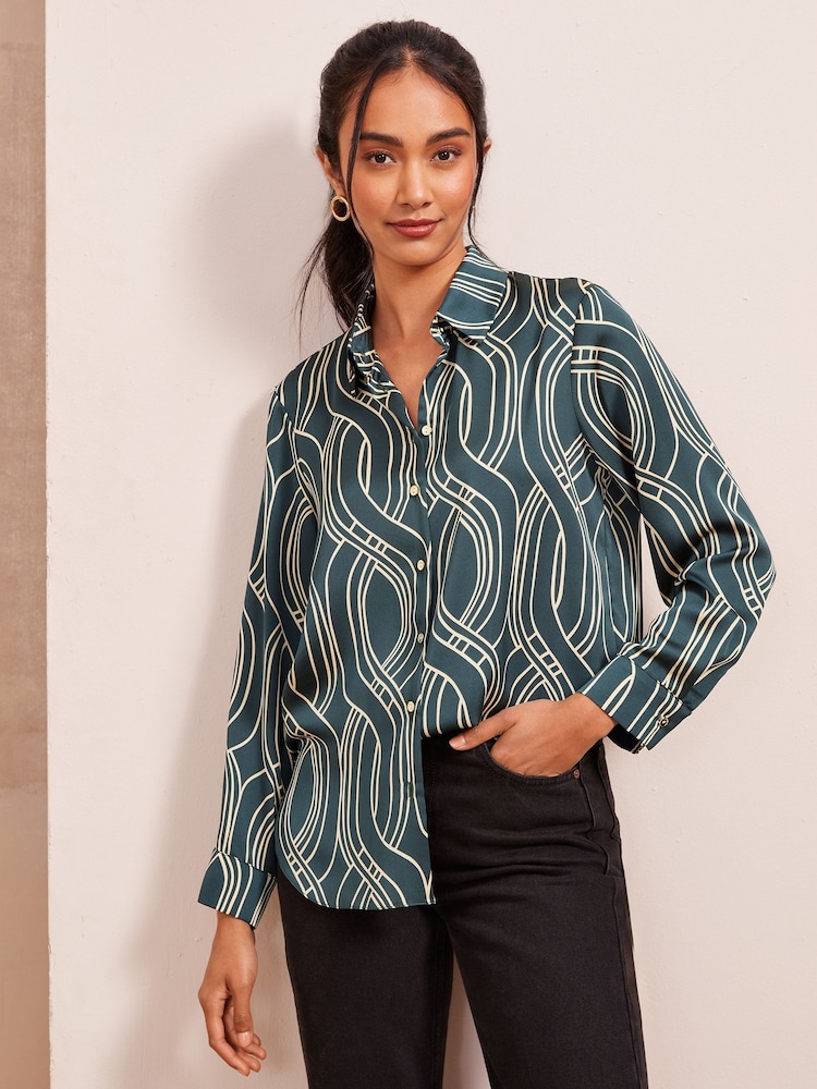 Friends Like These Green Petite Satin Long Sleeve Button Through Shirt - Image 1 of 4