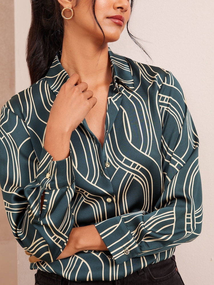 Friends Like These Green Petite Satin Long Sleeve Button Through Shirt - Image 2 of 4