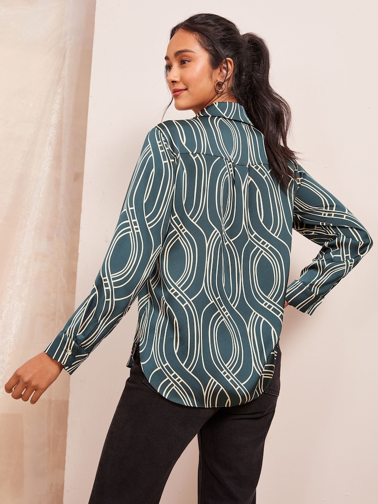 Friends Like These Green Petite Satin Long Sleeve Button Through Shirt - Image 4 of 4