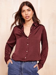 Friends Like These Burgundy Red Long Sleeve Crushed Satin Shirt - Image 2 of 4